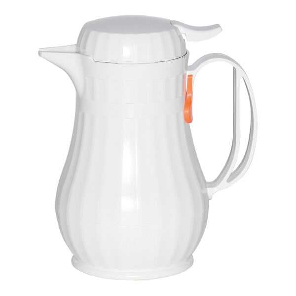 A white plastic coffee carafe with a handle and a lid.