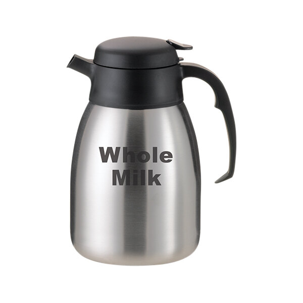 A stainless steel Service Ideas SteelVac creamer with a black lid and the words "Whole Milk" on it.