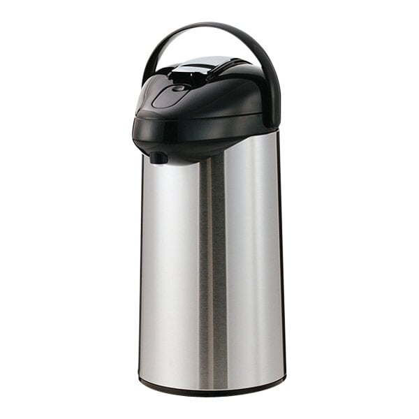 A stainless steel Service Ideas SteelVac airpot with a black lever lid.