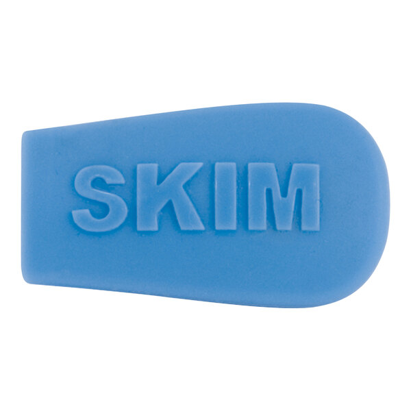 A blue silicone indicator with the word "skim" in blue.