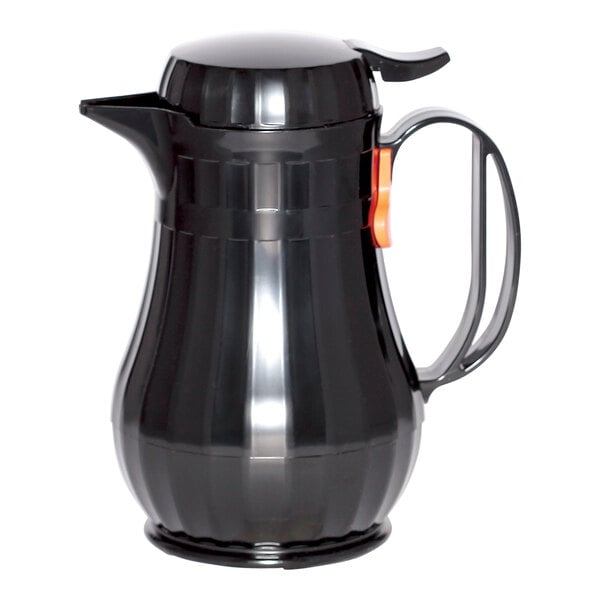 A black Service Ideas Eco-Serv coffee carafe with a silver and orange lid.