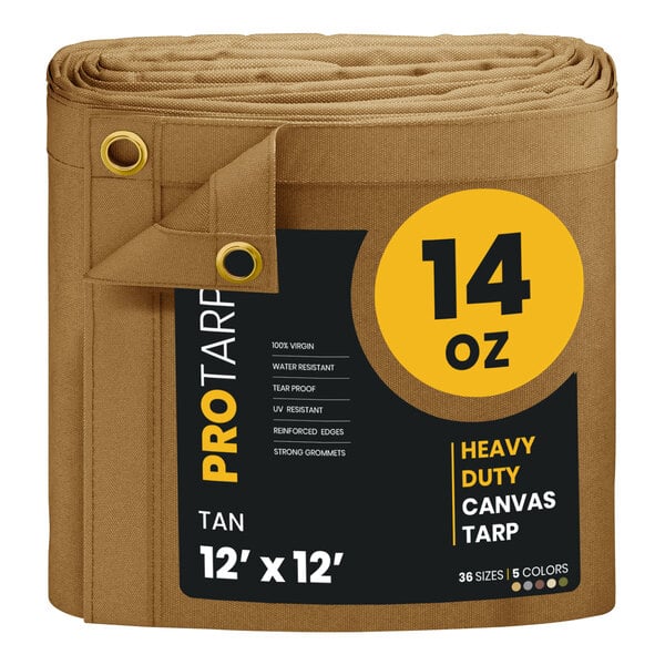 A roll of tan ProTarp heavy-duty canvas tarp with reinforced edges.