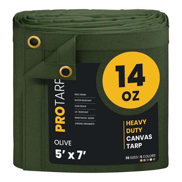 A roll of olive green PRO-TARP heavy duty canvas tarp.