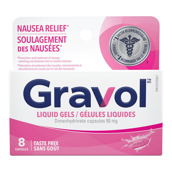 A pink and white box of Gravol 8-count liquid gel capsules on a store shelf.