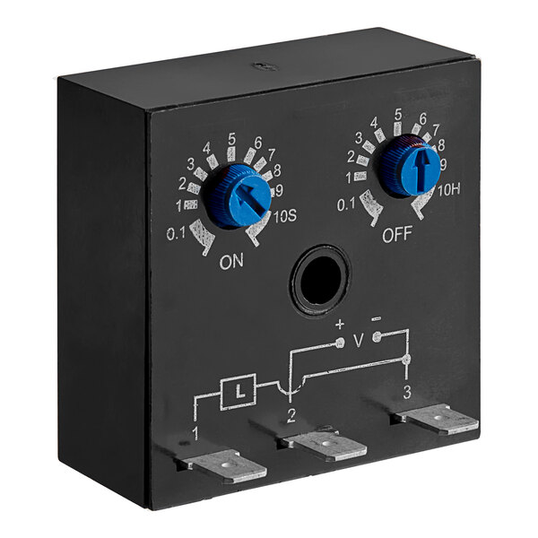 An Avantco Ice cycle timer with blue knobs and buttons on a black box.