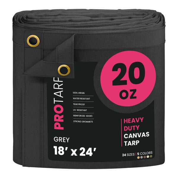A roll of grey heavy duty canvas tarp with white labels.