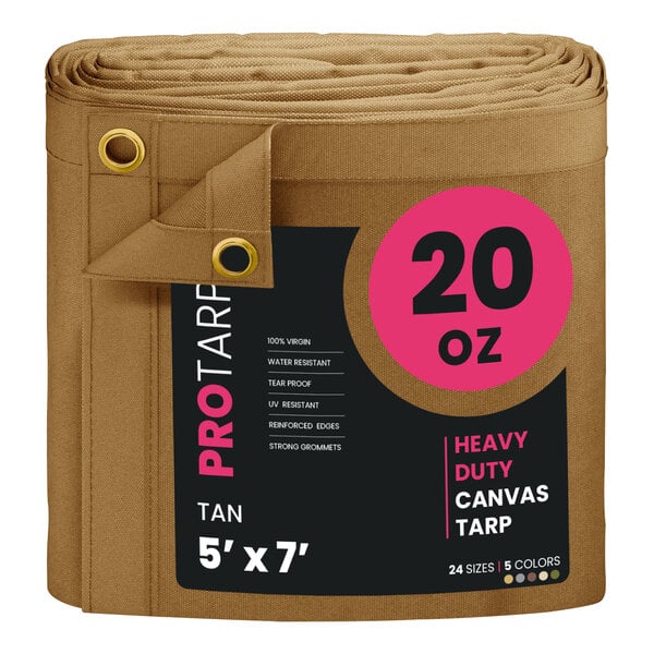 A roll of tan canvas tarp with the words "ProTarp Extreme Heavy Duty" printed on it.