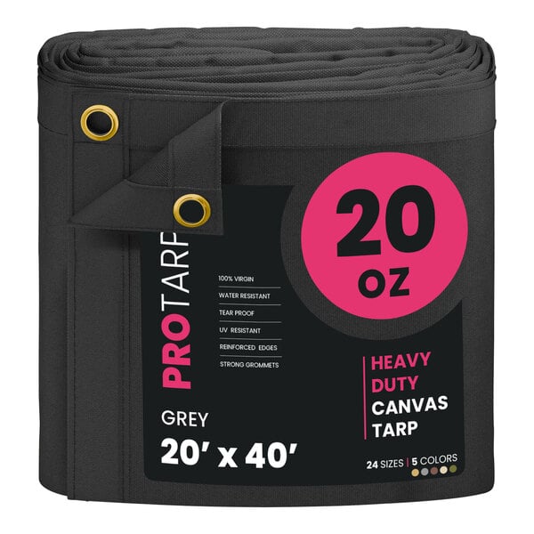 A roll of grey heavy duty canvas tarp with white lettering.