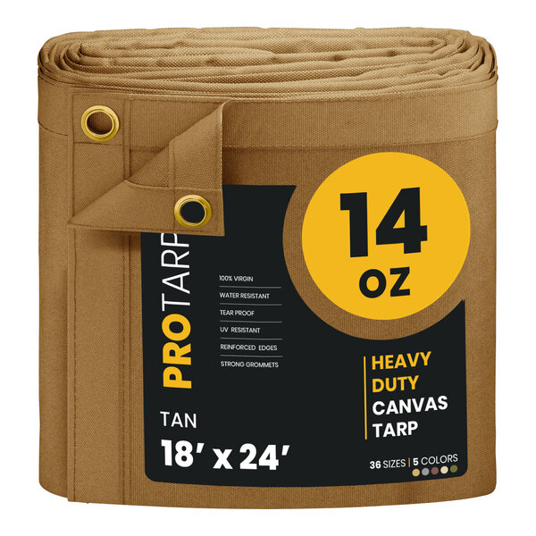 A roll of tan PRO TARP heavy duty canvas tarp.