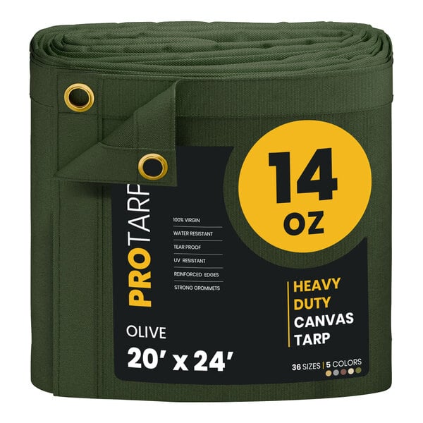 A roll of olive green PRO TARP heavy duty canvas tarp.