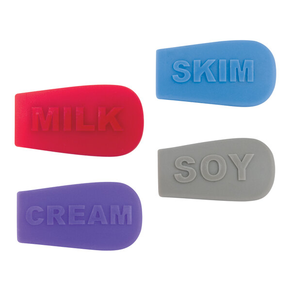 A set of four purple silicone creamer indicator socks with plastic text inserts reading "Milk," "Soy," "Cream," and "Milk."