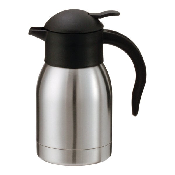 A silver stainless steel Service Ideas Slim Carafe with black accents.