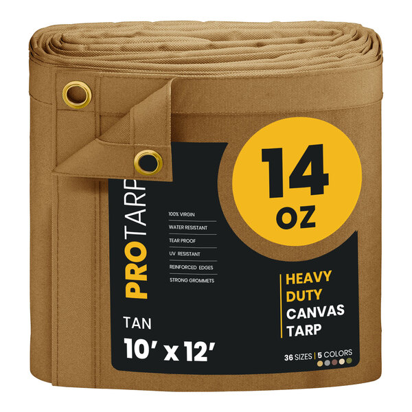 A roll of tan canvas tarp with the words "PROTARP HEAVY DUTY" on it.