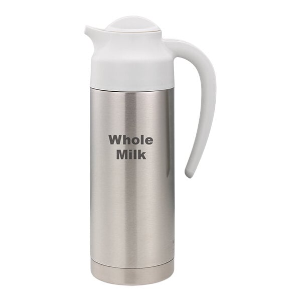 A stainless steel Service Ideas SteelVac creamer with a white lid and "Whole Milk" written on it.