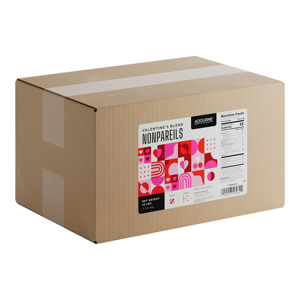 A large cardboard box labeled as Adourne Valentine's Blend Nonpareils, containing 10 pounds of candy mix.