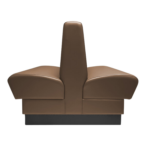 A brown leather QA Group double back booth with a black base.