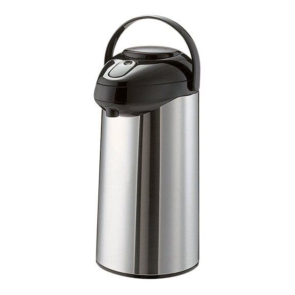A stainless steel Service Ideas SteelVac airpot with a black top and push button.