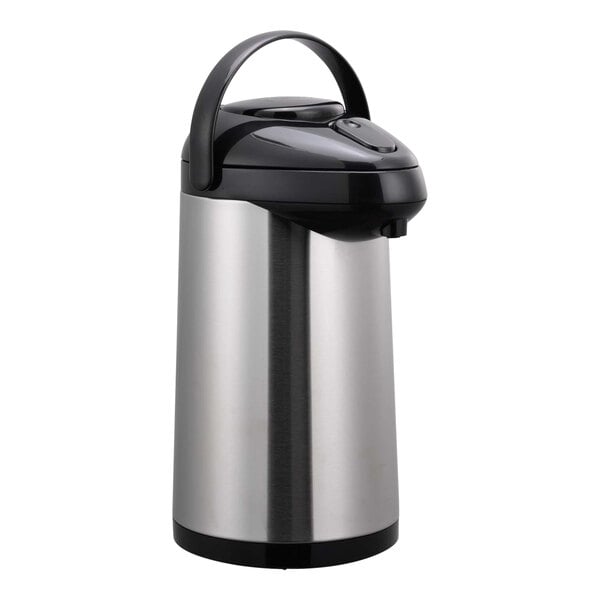 A silver and black Service Ideas SteelVac coffee airpot with a push button.