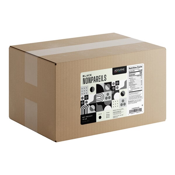 A large brown cardboard box with a label indicating it contains black nonpareils, featuring geometric designs and nutrition facts.