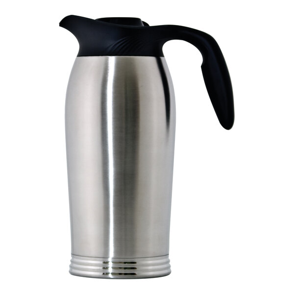 A stainless steel Service Ideas ErgoServ coffee carafe with a black handle.