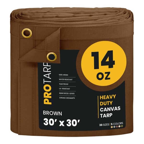 A roll of brown ProTarp heavy-duty canvas tarp.