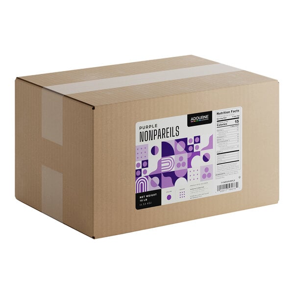 A large cardboard box labeled as containing 10 pounds of Adourne Purple Nonpareils.