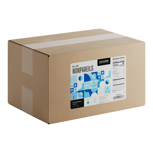 A large cardboard box labeled as containing 10 pounds of Adourne Blue Nonpareils.
