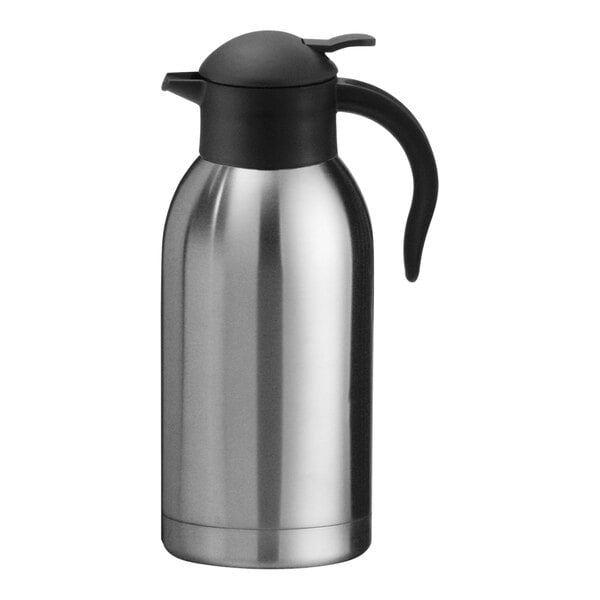A stainless steel Service Ideas SteelVac carafe with a black push button lid.