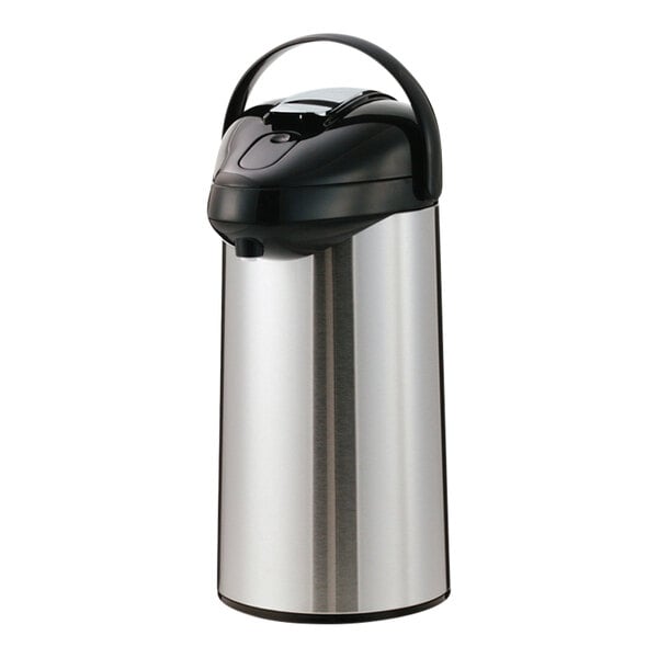 A silver and black stainless steel Service Ideas SteelVac coffee airpot with a lever lid.