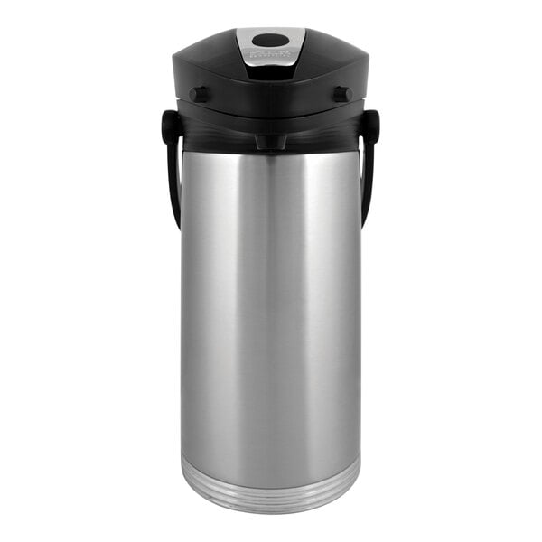 A Service Ideas stainless steel coffee airpot with a black lever and lid.