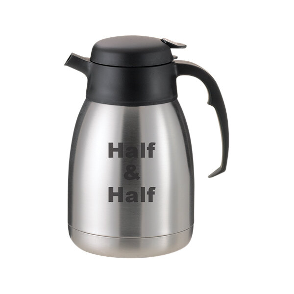 A stainless steel Service Ideas SteelVac "Half & Half" creamer with black lid.