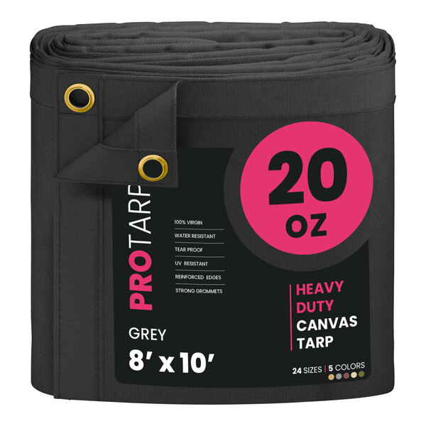 A roll of grey heavy duty canvas tarp with white and black labeling.