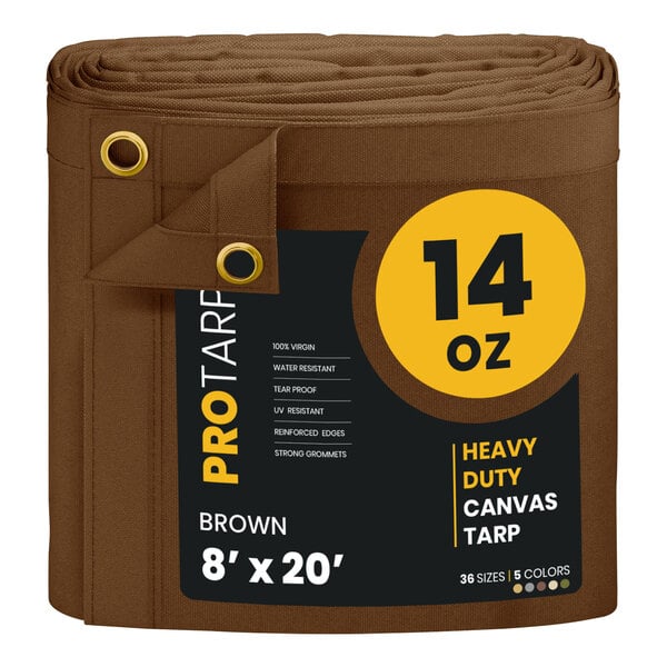A roll of brown ProTarp heavy-duty poly canvas tarp.