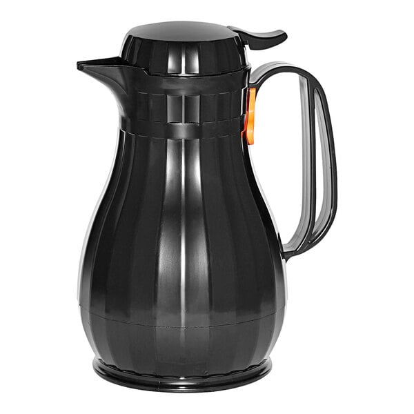 A black plastic Service Ideas Eco-Serv coffee carafe with a handle and a lid.