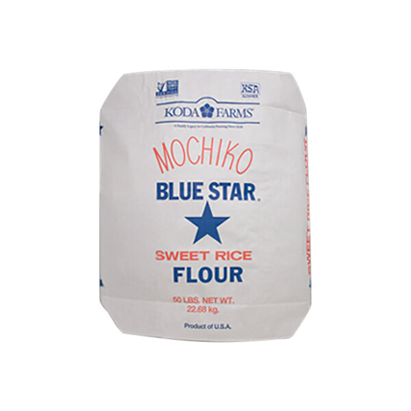 A white bag of Mochiko Blue Star sweet rice flour with blue text and a blue star.