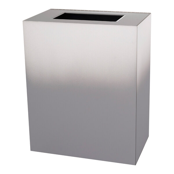A white rectangular Ex-Cell Kaiser steel trash receptacle with a black lid.