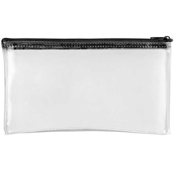 A clear vinyl zippered bank wallet with a black zipper.