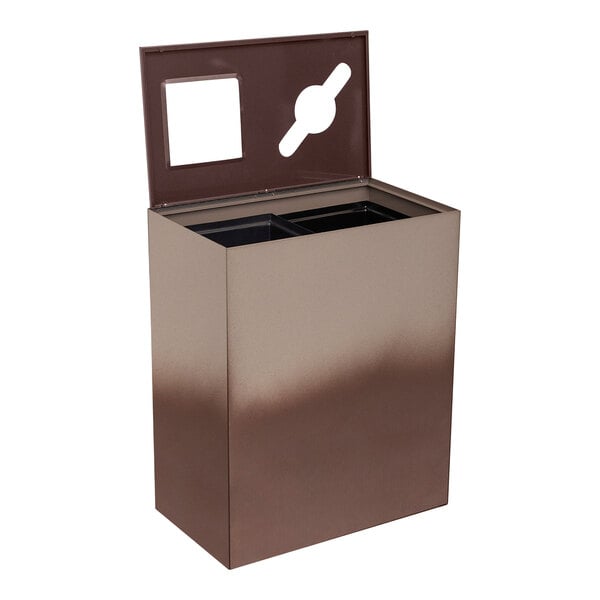 An espresso brown rectangular steel trash receptacle with two streams and a lid.