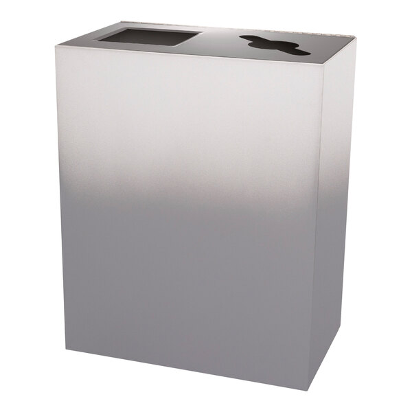 A white rectangular steel Ex-Cell Kaiser two-stream trash receptacle with a black lid.