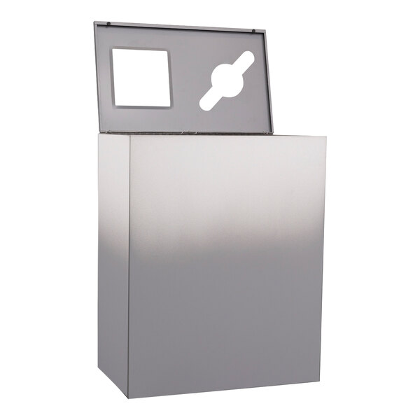 A silver rectangular steel trash receptacle with a lid.