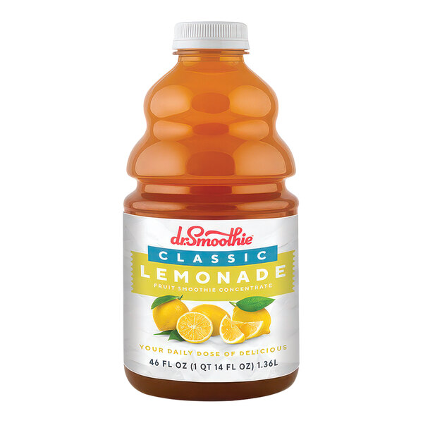 A close up of a bottle of Dr. Smoothie Classic Lemonade on a white background.