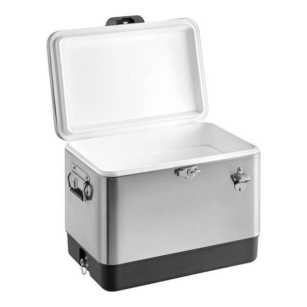 A stainless steel Choice beverage cooler with the lid open.