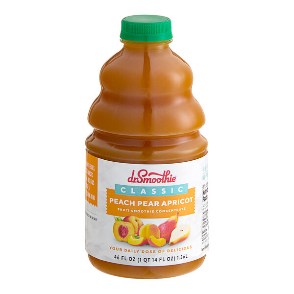 A bottle of Dr. Smoothie Classic Peach Pear Apricot fruit smoothie mix with a label.