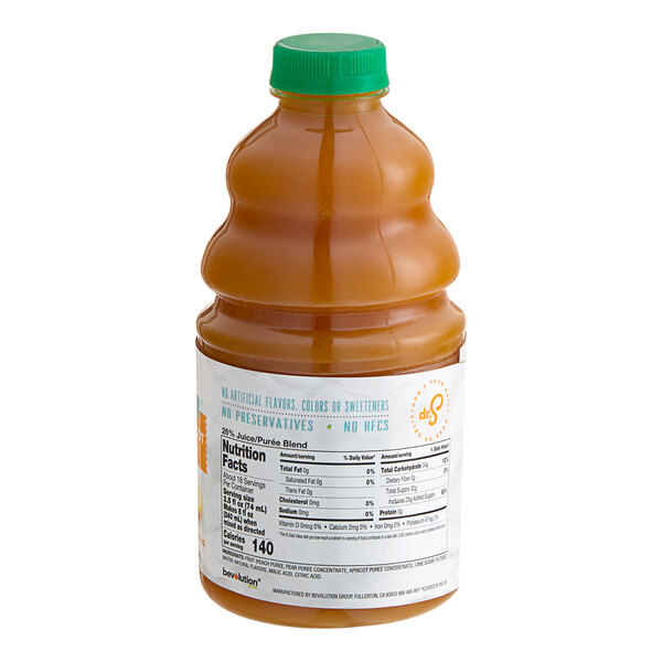 A bottle of Dr. Smoothie Classic Peach Pear Apricot fruit smoothie mix with a white label.