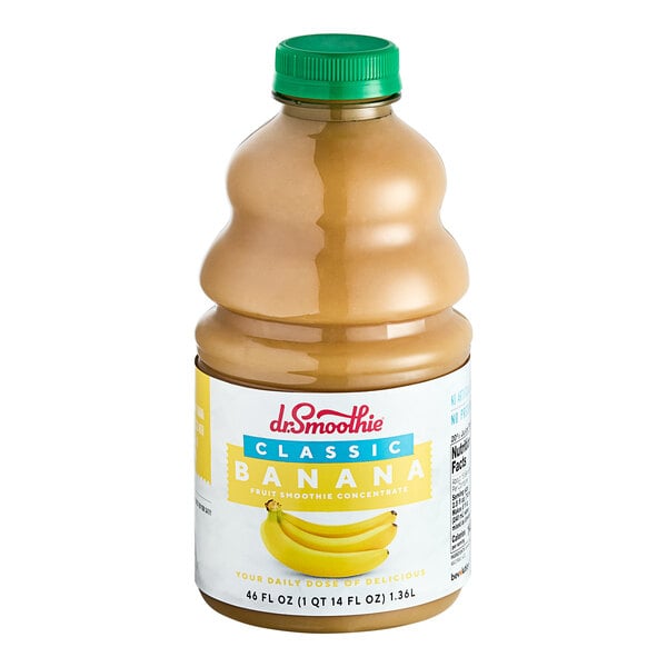 A plastic bottle of Dr. Smoothie Classic Banana Fruit Smoothie Mix.