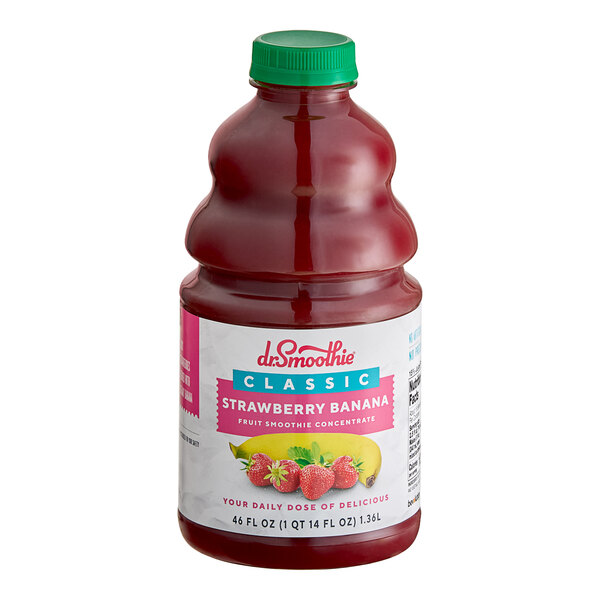A close up of a bottle of Dr. Smoothie Classic Strawberry Banana fruit smoothie mix with a red cap.