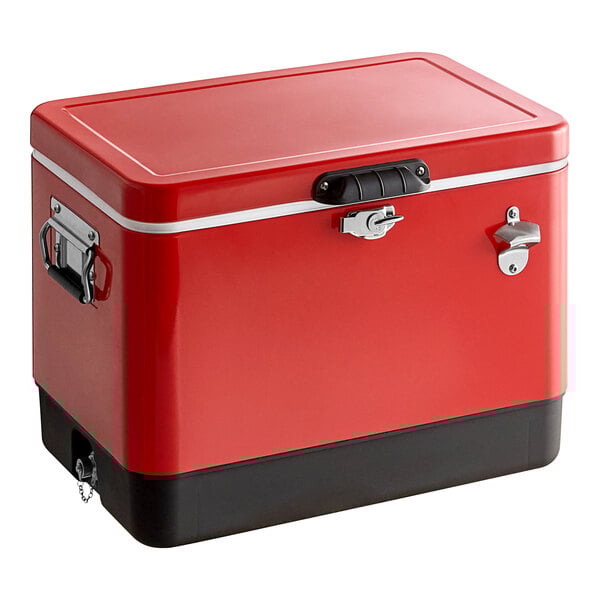 A red Choice beverage cooler with black and white accents and a handle.