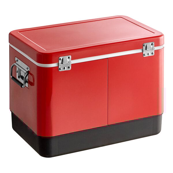 A red Choice beverage cooler with a lid and black handles.