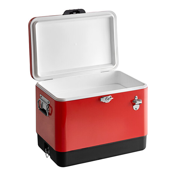 A red and black Choice beverage cooler with a lid.