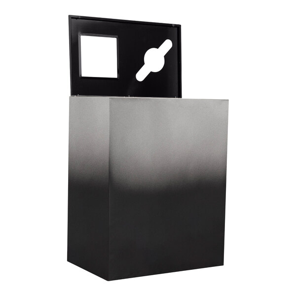 An onyx rectangular steel trash receptacle with two black and grey doors.